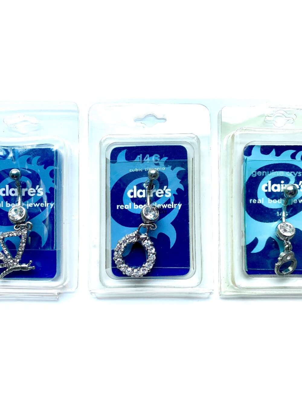 3 PC Lot Claires Belly Rings Dangle Wreath Butterfly Handcuff Rhinestones Y2K